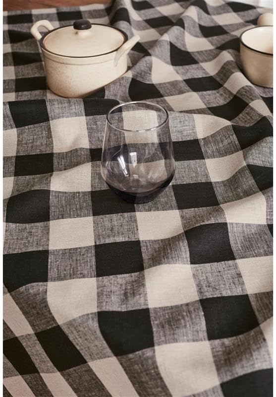 Solino Home Linen Checkered Tablecloth 60 x 108 Inch - 100% Pure Linen Natural and Black Buffalo Plaid Table Cloth for Rectangle Tables - Machine Washable Tablecloth for Fall, Thanksgiving