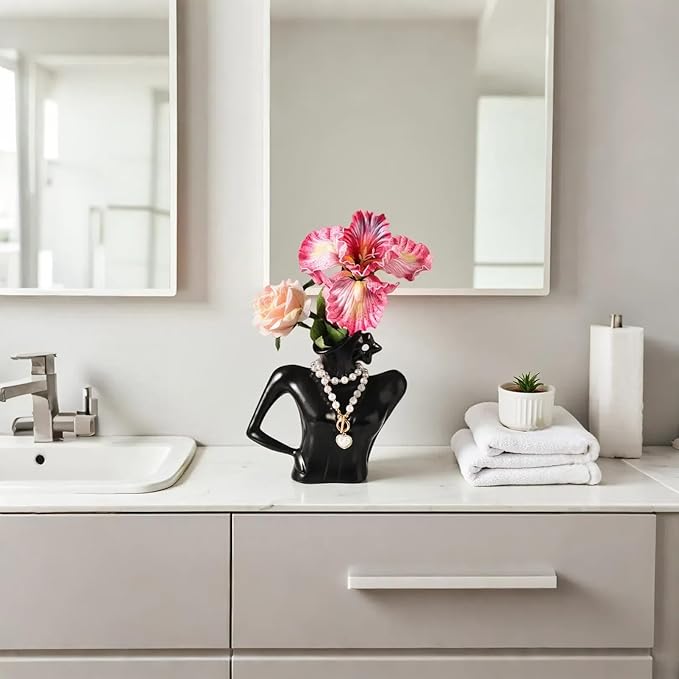 Ceramic Vase with Detachable Necklace — Elegant Female Curves Home Decor, Artistic Tabletop Vase for Bookshelf, Dining Table, Living Room, Kitchen, or Office, Perfect with Artificial or Dried Flowers