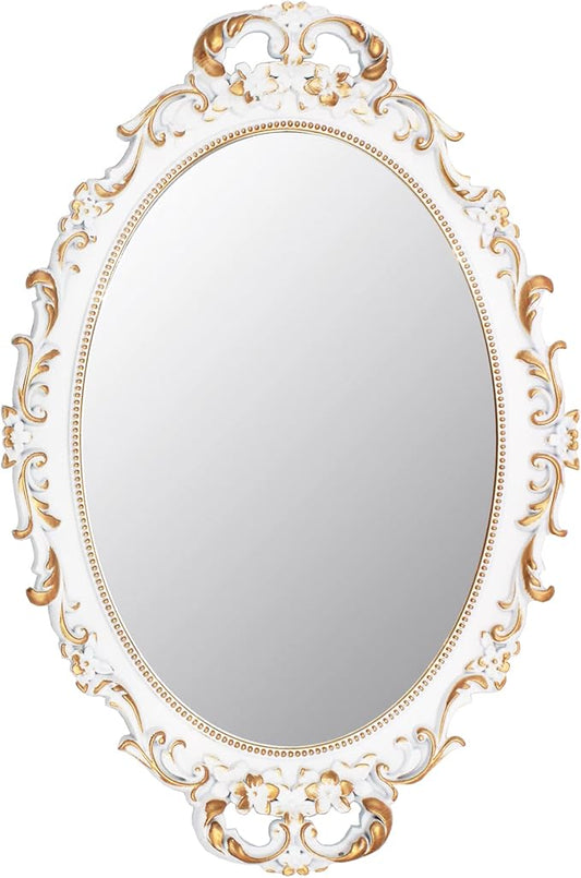 Vintage Decorative White Framed Mirror, Small Oval Wall Hanging Mirror - 9.6" W x 14.3" L (White)