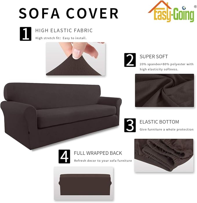 Easy-Going 2 Pieces Microfiber Stretch Sofa Slipcover – Spandex Soft Fitted Sofa Couch Cover, Washable Furniture Protector with Elastic Bottom Kids,Pet (Oversized Sofa, Chocolate