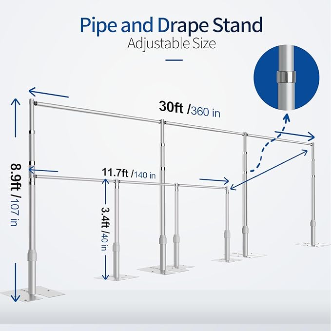 Pipe and Drape Backdrop Stand, 8.9x30ft Heavy Duty Adjustable Background Frame with Metal Base, Back Drop Holder for Parties Photography Wedding Photoshoot Decoration