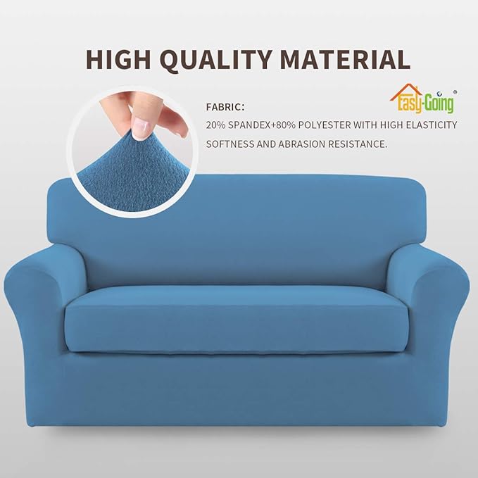 Easy-Going 2 Pieces Microfiber Stretch Sofa Slipcover – Spandex Soft Fitted Sofa Couch Cover, Washable Furniture Protector with Elastic Bottom Kids, Pet (Loveseat, Light Blue)
