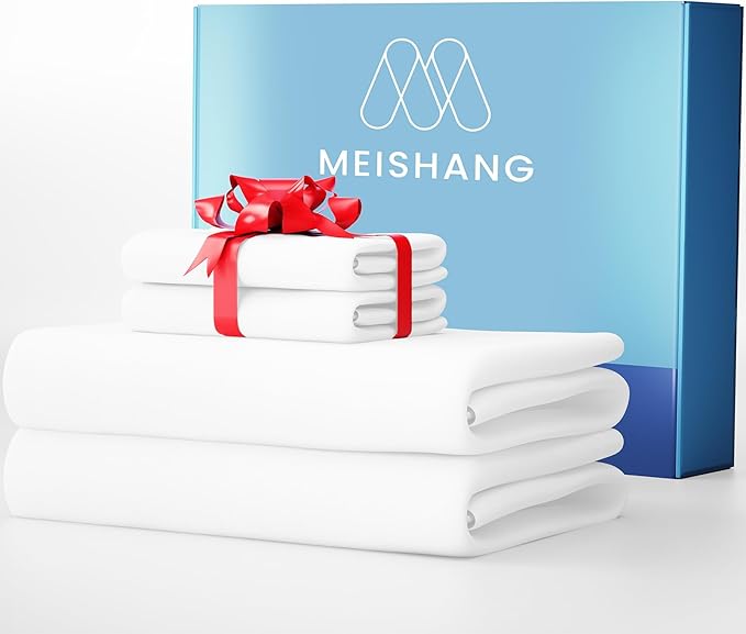 MEISHANG 1000 Thread Count Cotton Sheets Queen Size - 100% Egyptian Cotton, Sateen Weave, Soft & Breathable, Oeko-Tex Certified, 16" Deep Pockets - 4 Piece (Queen, White)