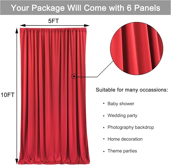 30ftx10ft Wrinkle Free Red Backdrop Curtains for Parties, 6 Panels 5x10ft Silky Polyester Photo Backdrop Drapes for Wedding Birthday Christmas Party Photography Background