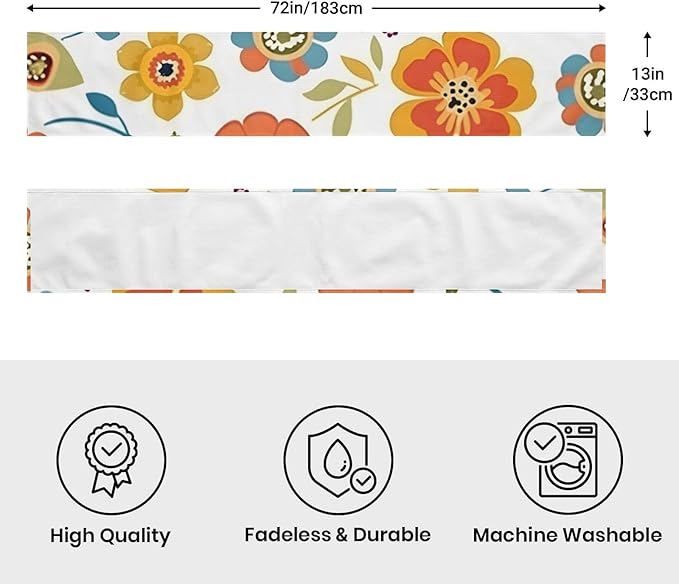Retro Flower Table Runner 13x72 Inches Vintage Floral Faux Linen for Kitchen Dining Table Decor Wedding Birthday Party Holiday Celebration