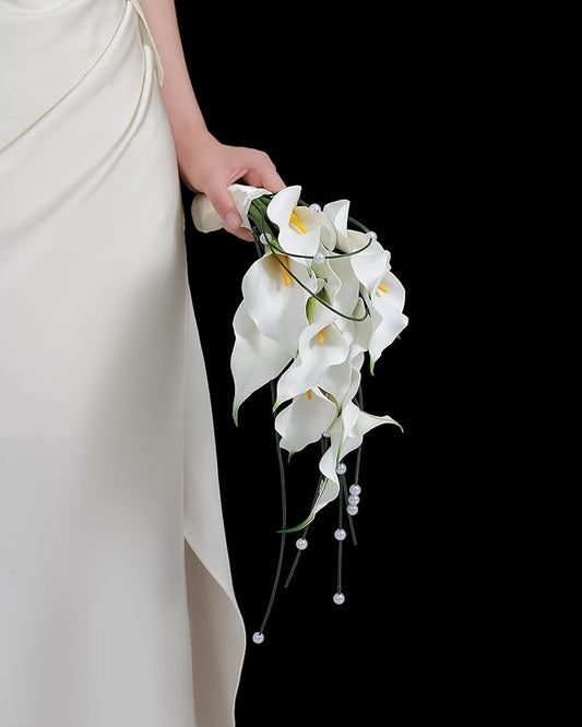 Bridal Bouquet:9 Stems White Calla Lily Pearl Bouquet EVA Real Touch-Wedding Bouquet for Bride/Bridesmaid