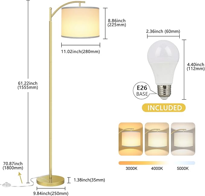 Rottogoon Floor Lamp for Living Room, LED Standing Lamp with 2 Lamp Shades Tall Industrial Floor Lamp Reading for Bedroom, Office, Study Room (9W LED Bulb, Beige & White Shades Included) -Gold