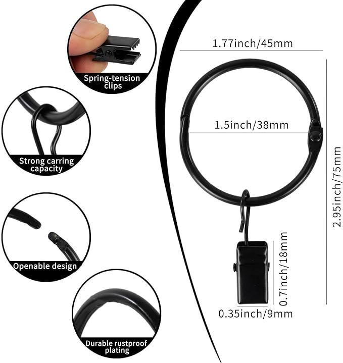 Openable Curtain Rings with Clips,1.5inch Inner Diameter,Heavy Duty Rustproof Metal Decorative Vintage Drapery Rings Curtain Clips Rod Hangers Door Curtain and Shower Curtain Rings Black Zocang