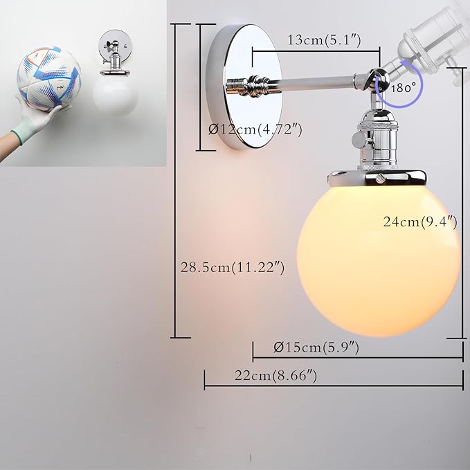 PERMO Vintage Industrial Wall Sconce Lighting Fixture with Mini 5.9" Round Globe Milk White Glass Hand Blown Shade Chrome Sconce