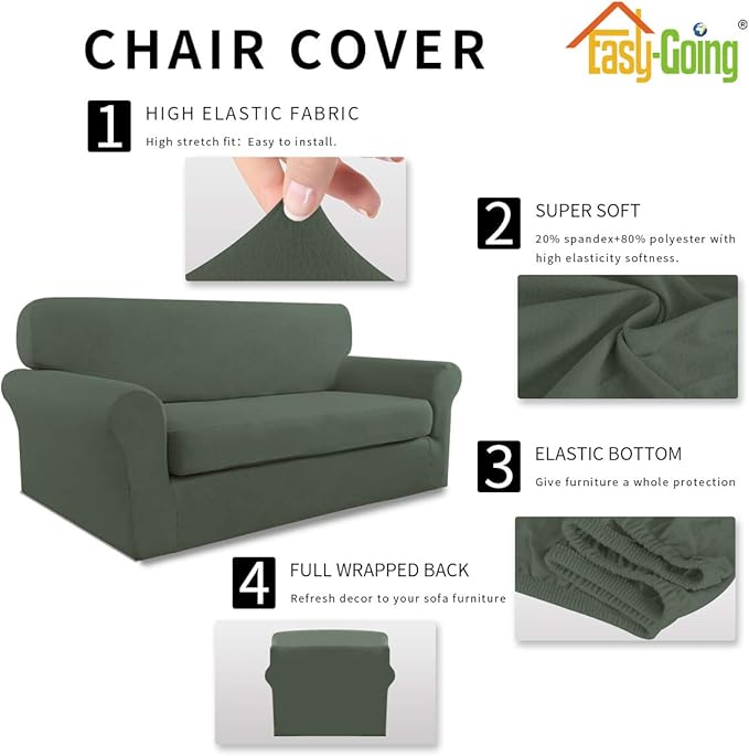 Easy-Going 2 Pieces Microfiber Stretch Sofa Slipcover – Spandex Soft Fitted Sofa Couch Cover, Washable Furniture Protector with Elastic Bottom Kids, Pet (Loveseat, Greyish Green)