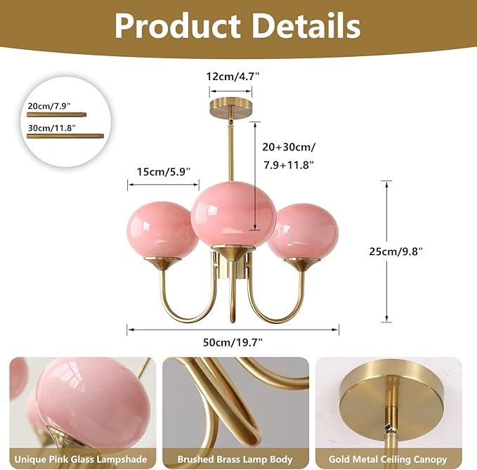 BOKT Modern Pink Sputnik Chandelier Brushed Gold Globe Sputnik Light Fixture 3 Light Mid Century Glass Pendant Lights Height Adjustable Vintage Large Ball Chandeliers Light