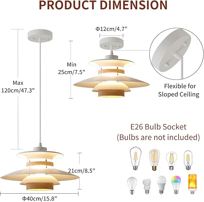 Modern Decor Adjustable Pendant Lamp Kitchen Island, Aluminum and Wood Finish,1-Light E26 Base Ceiling Hanging Light for Dining Room Shop Restaurant (White+Light Wood Grain, 40cm)