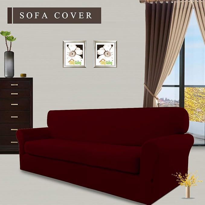 Easy-Going 2 Pieces Microfiber Stretch Sofa Slipcover – Spandex Soft Fitted Sofa Couch Cover, Washable Furniture Protector with Elastic Bottom Kids,Pet (Oversized Sofa, Wine