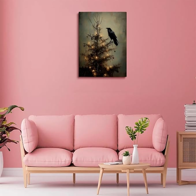 Raven on Christmas Tree Wall Art,Gothic Crow,Dark Academia,Wildlife Painting,Dark Christmas Tree Branch for Cottagecore Farmhouse Decor