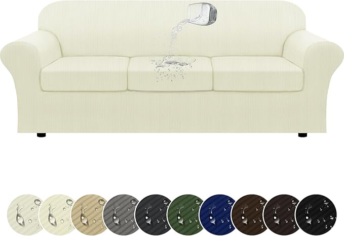 100% Waterproof Extra Large Couch Cover 4-Piece Set Striped Sofa Slipcovers for 3 Cushion Couch Covers with TPU Leakproof Bottom Stretch Protector Pet Proof - Sofa(3-Cushion), Ivory
