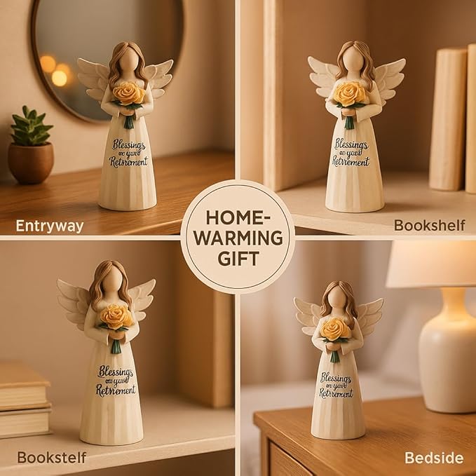 Retirement Angel Figurine, Hand-Painted Resin Keepsake with Yellow Rose – “Blessings on Your Retire ment” Figure, 5.4" Desk Mantel Décor Thoughtful Gift for Coworker Teacher Nurse Women (Retirement)