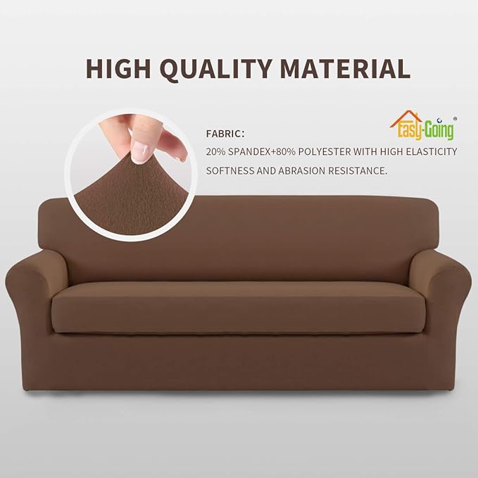 Easy-Going 2 Pieces Microfiber Stretch Sofa Slipcover – Spandex Soft Fitted Sofa Couch Cover, Washable Furniture Protector with Elastic Bottom Kids,Pet (Sofa, Brown)