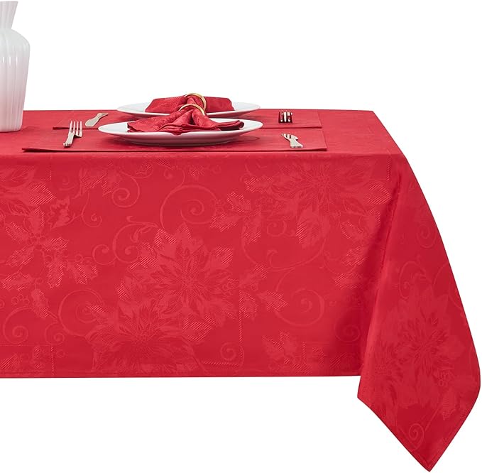 Rectangle Christmas Jacquard Table Cloth Waterproof Elegant Damask Floral Pattern Heavy Weight Wipeable Wrinkle Free Fabric Table Covers for Dinner or Daily Uses(Dark Red/60x144 Inch)