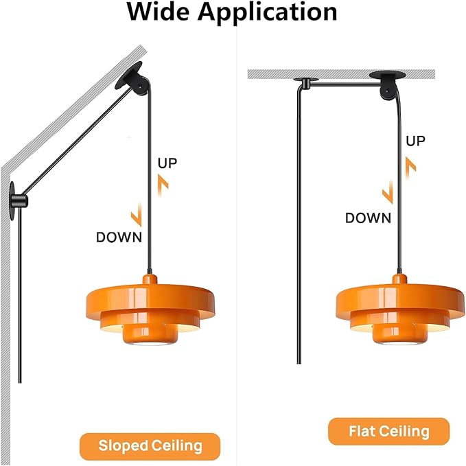 Plug in Pendant Light, Mid Century Orange Hanging Lights with Plug in Cord, 3-Layer Metal Shade, Adjustable Pulley, Dimmable, Vintage Hanging Lamp for Bedroom, Kitchen Island, Dining Room