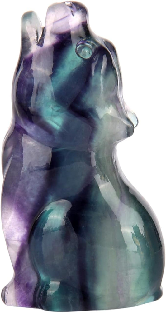 Rainbow Fluorite Howling Wolf Crystal Figurines, 2.2 Inch Wolf Totem Spirit Animal Statue Decor for Home Office Desk Altar, Hand Carved Natural Healing Crystal Sculpture Gifts for Women Men
