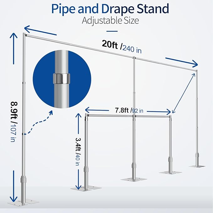 Pipe and Drape Backdrop Stand, 8.9x20ft Heavy Duty Adjustable Background Frame with Metal Base, Back Drop Holder for Parties Photography Wedding Photoshoot Decoration
