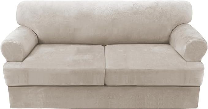 H.VERSAILTEX Sofa Cover 3 Piece T Cushion Sofa Slipcovers Thick Velvet Couch Cover Stretch T Cushion Sofa Covers for 2 Cushion Couch with 2 Individual T Cushion Covers Washable, Oatmeal