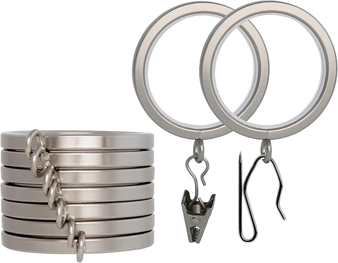 BlastHome® Luxury Curtain Rings - Premium Metal with Quiet, Smooth Nylon Inserts - Pinhooks and Clips Included - 1 1/2" Inside Diameter - 9 Rings for One Standard Curtain - Brushed Nickel