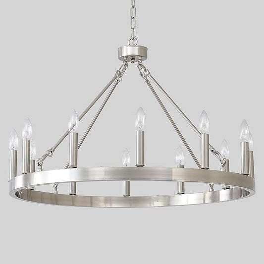32" Silver Wagon Wheel Chandelier, 12-Light Farmhouse Brushed Nickel Wagon Wheel Chandelier for Dining Room, Modern Round Candle Chandeliers Light Fixture for Living Room, Foyer, Entryway, E12