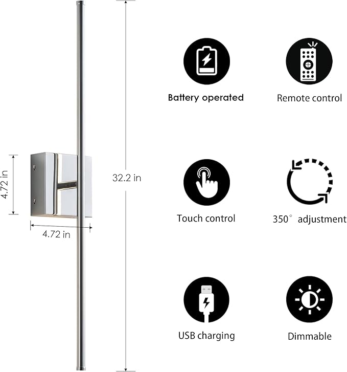 Battery Operated Wall Sconces with Remote Control, Dimmable Wall Sconces Set of Two, 350°Rotate, 3000K LED Chrome Wireless Wall Light for Living Room, Hallway, Bedroom, 32.2 Inch (2 Pack)
