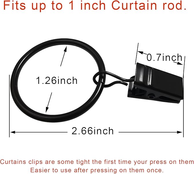 100 Pack Curtain Rings with Clips, Curtain Clip Rings Hooks, Bow Hanger Clips for Hanging Drapery Drapes Bows, Ring 1.26 inch Interior Diameter, Fits up to 1" Rod, Black