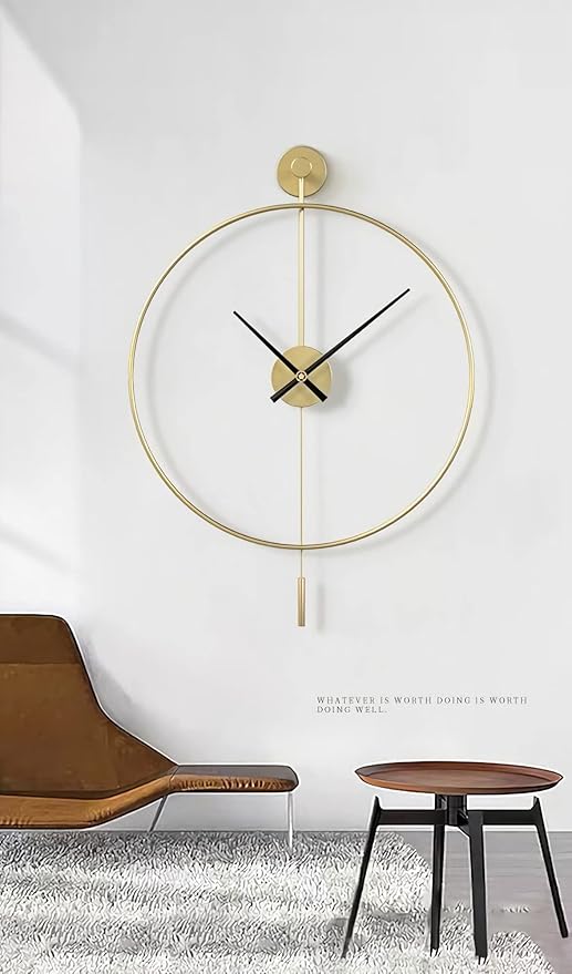 SHISEDECO Classical Large Modern Round Minimalist Wall Clock with Swing Pendulum, Non-Ticking Silent Metal Decorative Creative Art Clocks for Home, Living Room, Bedroom, Study, Office (24", Gold)