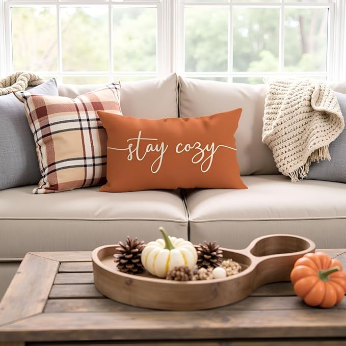 PANDICORN Fall Pillow Cover 12x20 Warm Orange, Stay Cozy Lumbar Decorative Cushion Case for Couch Sofa Bed, Autumn Rustic Farmhouse Decor or Porch Fall Decorations