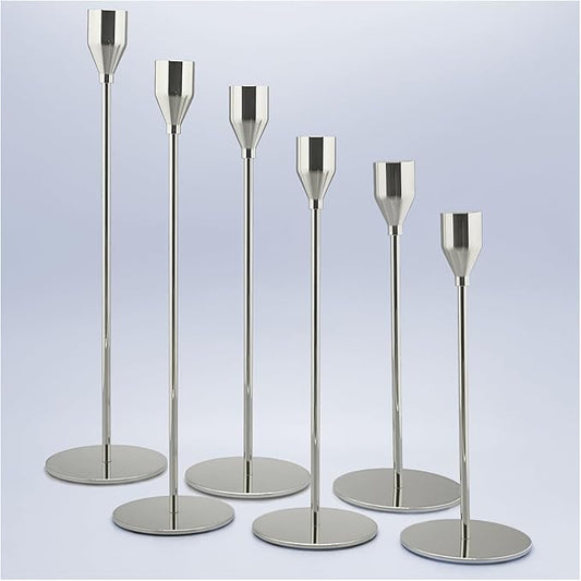 6Pcs Silver Candlestick Holders Set Fit 3/4" Tall Taper Candle Home Decorative Table Centerpieces for Family Dinning, Party Decoration