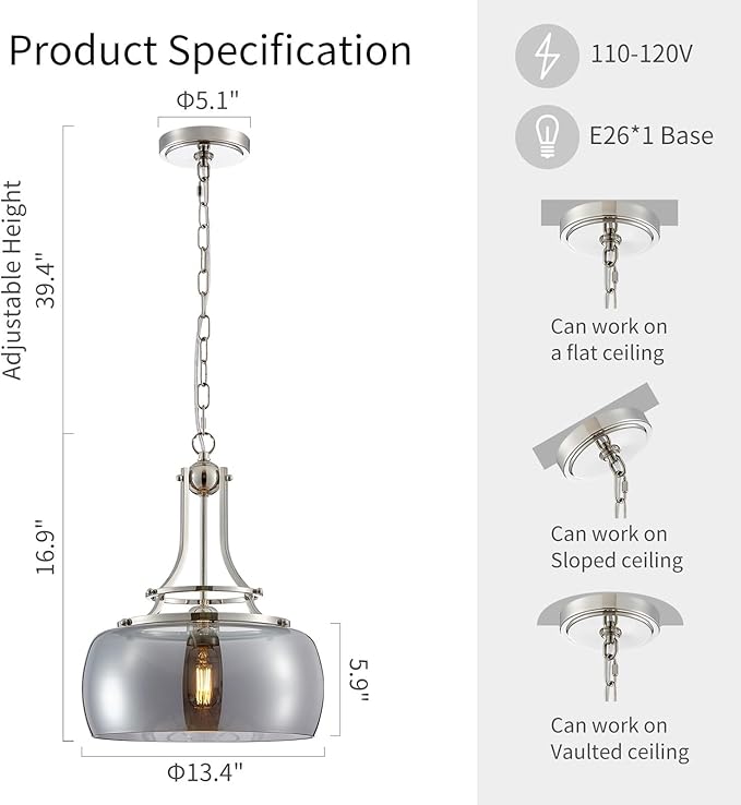 WUZUPS Nickel Chandelier Rustic Farmhouse Industrial Round Ceiling Pendant LED Light Fixture with Electroplated Gray Glass Shade for Dining Room Kitchen Island Foyer Entryway, H 17" W 13.4", E26 Base