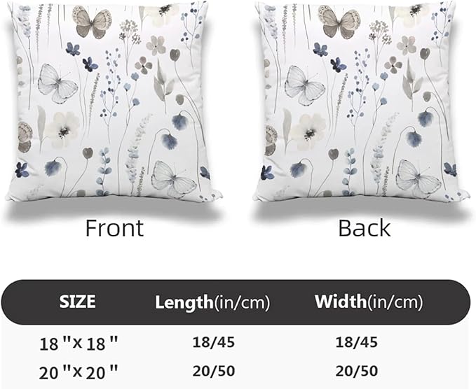 Floral Spring Pillow Covers 20x20 Inch Set of 2 Gray Blue Watercolor Herbs Throw Pillow Cover Floral Butterfly Square Pillowcase Cushion Cases for Home Couch Bed Sofa