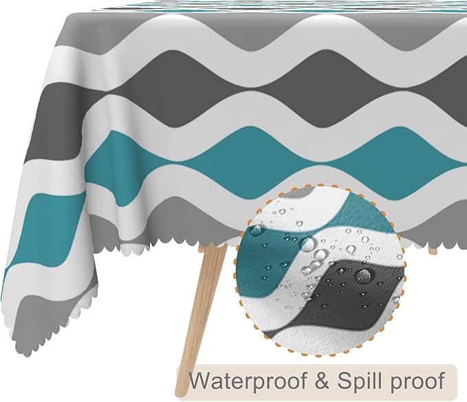 52x70inches Teal Turquoise Grey Table Cloth Mid Century Geometric Stripes Tablecloth Spill Proof Washable Polyester Table Cover for Farmhouse Living Room Dining Room Kitchen Cafe Party Decor