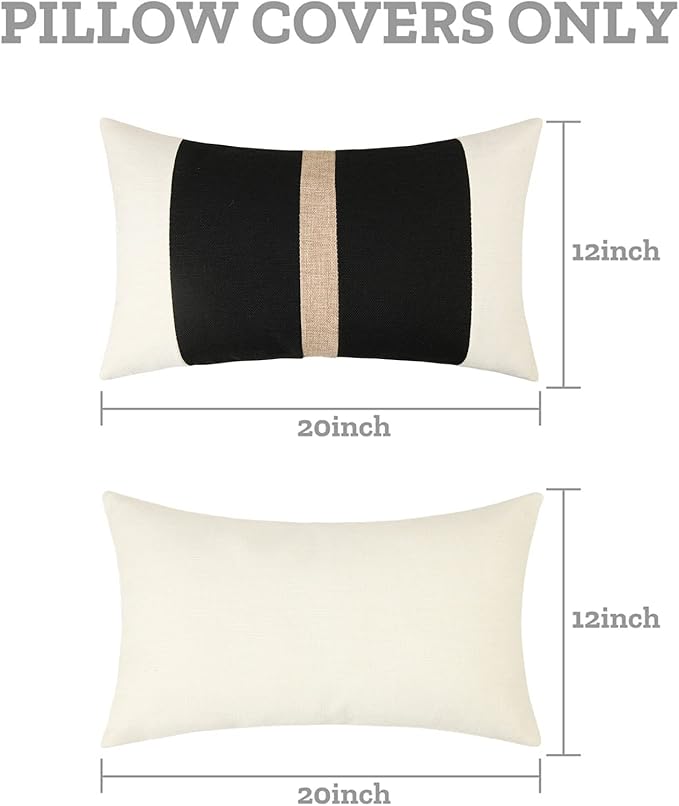 Pyonic Set of 2 Black Linen Patchwork Throw Lumbar Pillow Covers for Couch Farmhouse Decorative Outdoor Pillow Cover for Sofa Living Room Bedroom 12x20 Inch