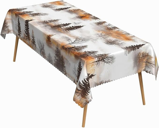 54x108 Inch Nature Rectangle Tablecloth Watercolor Autumn Forest Misty Pine Tree Sunrise Table Cloth Waterproof Reusable Table Cover for Dining Home Kitchen Thanksgiving Picnic BBQ