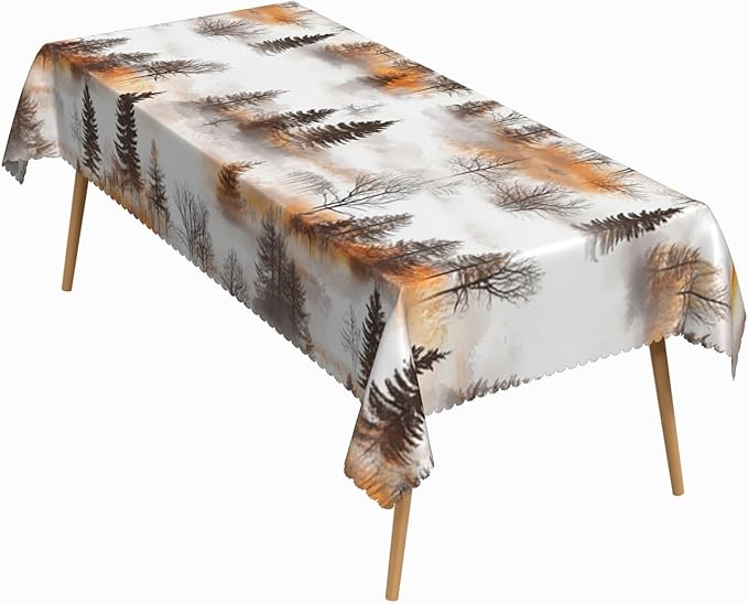 60x102 Inch Nature Rectangle Tablecloth Watercolor Autumn Forest Misty Pine Tree Sunrise Table Cloth Waterproof Reusable Table Cover for Dining Home Kitchen Thanksgiving Picnic BBQ
