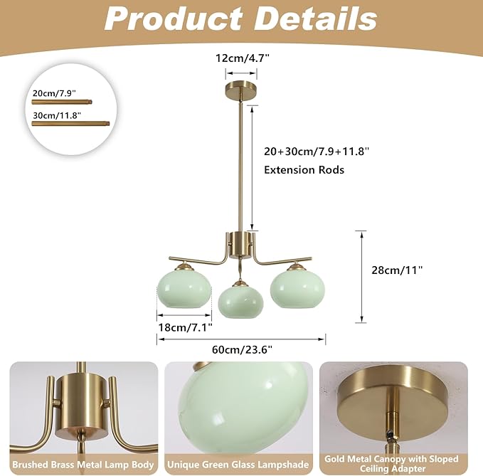 KCO Lighting Vintage Green Glass Chandelier 3 Light Globe Sputnik Chandeliers Modern Brushed Gold Chandelier Mid Century Flush Mount Chandelier Light Fixture