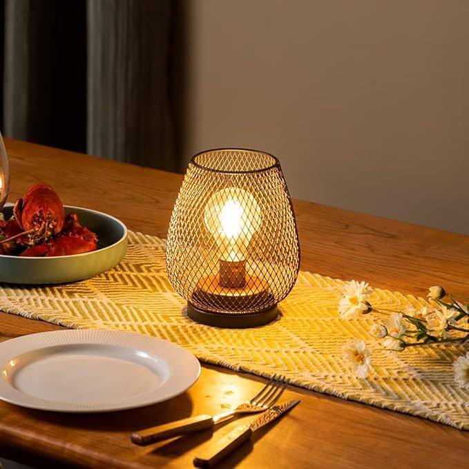 DECORKEY Set of 2 Battery Operated Lamp LED Table Lantern, Brown Metal Cage Cordless Lamps with LED Bulb，Vintage Decorative Outdoor Lantern for Weddings, Parties, Patio, Events for Indoors Shelf Decor