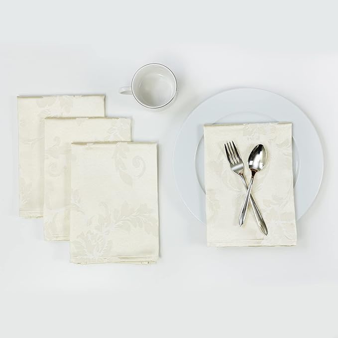 Benson Mills Harmony Scroll Woven Damask Fabric Set of 4 Napkins, Everyday, Parties, Special Occasions, Weddings and Holiday Cloth Napkin (18" x 18" Napkins, Birch)
