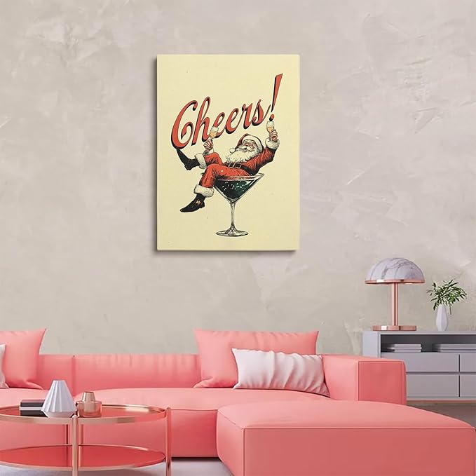 Vintage Christmas Drink Poster,Trendy SantaCheers Prints,Holiday Bar Artwork,Vintage Christmas Cocktail Art,Bar Cart Print,Retro Kitchen Xmas Decor