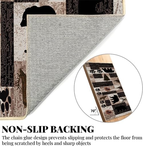 Rustic Lodge Runner Rug,2x10ft,Western Country Bear Elk Deer Wildlife Log Design,Forest Landscape Hunting Theme Rug,with Non Slip Backing Washable Rugs, Non Slip Pet Friendly Rug for Hallway