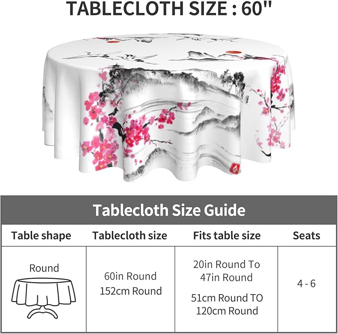Japanese Tablecloth, Traditional Vintage Landscape Oriental Crane Temple Chinoiserie Water Resisitant Wipeable Table Cover for Dining Kitchen Living Room Home Party Holiday Decor 70 inch Round