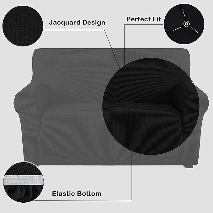 Flamingo P High Stretch Sofa Slipcover Non Slip Loveseat Covers for 2 Cushion Couch Washable Pet Furniture Protector Covers with Elastic Bottom, Thick Jacquard Fabric (Medium, Black)