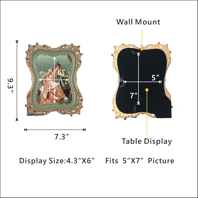 WINPLUS+ 5x7 Vintage Picture Frame, Wall Mount and Tabletop Display, Art Gallery Gift (Green and Gold 5x7)
