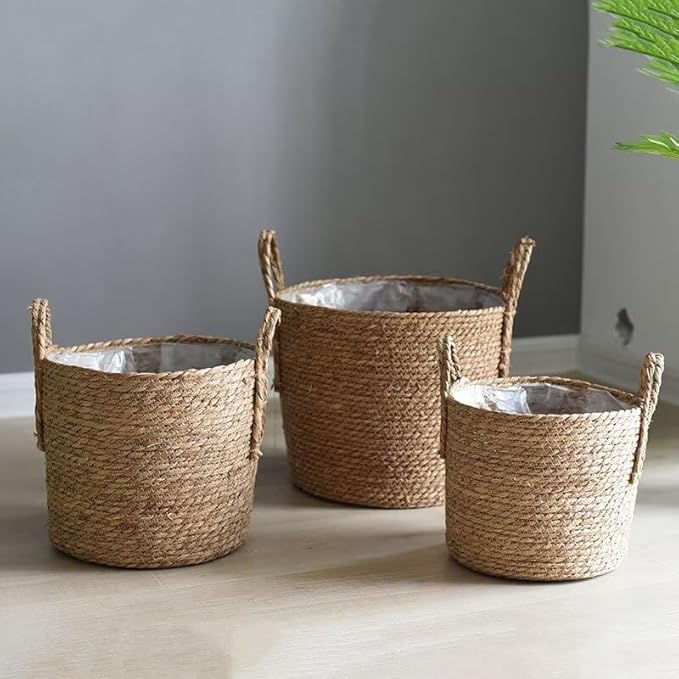 Kerio Seagrass Planter Basket Straw Plant Basket Woven Flower Plant Pot Plant Containers with Plastic Liner for Indoor Plants Laundry Room 11.8Inch