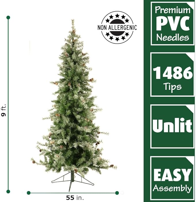 Fraser Hill Farm 9-Ft. Buffalo Fir Green Slim Artificial Christmas Tree with No Lights, Unlit Foldable Fake Tree with Realistic Snowy Foliage and Pinecones for Home Decoration