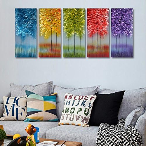 Handmade Metal Wall Art with Bog Life Multi-Colored Tree, 3D Abstract Design Artwork for Modern and Contemporary Decor, Indoor Outdoor Wall Decorations, 5-Panels Metal Art Measure 24"x 64"